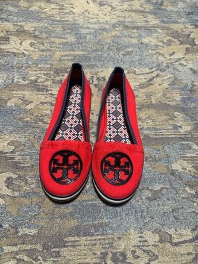 Tory Burch Red Canvas Logo Slip-On Loafers